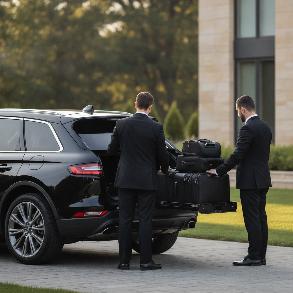 Create a realistic, professional service-business photograph showing Private Driver from behind, with the backs of their heads visible. Do not show any faces, facial features, front-facing views or side views, profiles, or identifiable peop